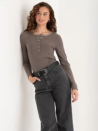 Long Sleeve Henley Shirt Fungi  with Black Stripe