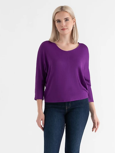 Easy V-Neck Hacci Knit Top Purple Magic