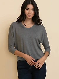 Easy V-Neck Hacci Knit Top Heather Grey