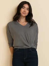 Easy V-Neck Hacci Knit Top Heather Grey