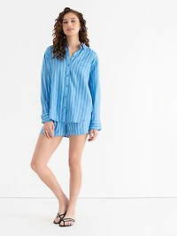 Relaxed Fit Linen Blend Button-Up Shirt Azure Blue Stripe