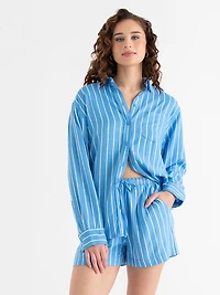 Relaxed Fit Linen Blend Button-Up Shirt Azure Blue Stripe