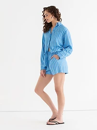 Relaxed Fit Linen Blend Button-Up Shirt Azure Blue Stripe