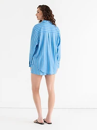 Relaxed Fit Linen Blend Button-Up Shirt Azure Blue Stripe