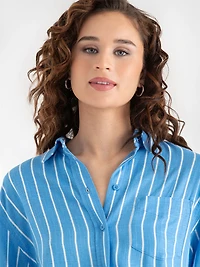 Relaxed Fit Linen Blend Button-Up Shirt Azure Blue Stripe