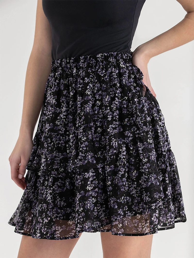 Mini Chiffon Ruffle Skirt Black Floral