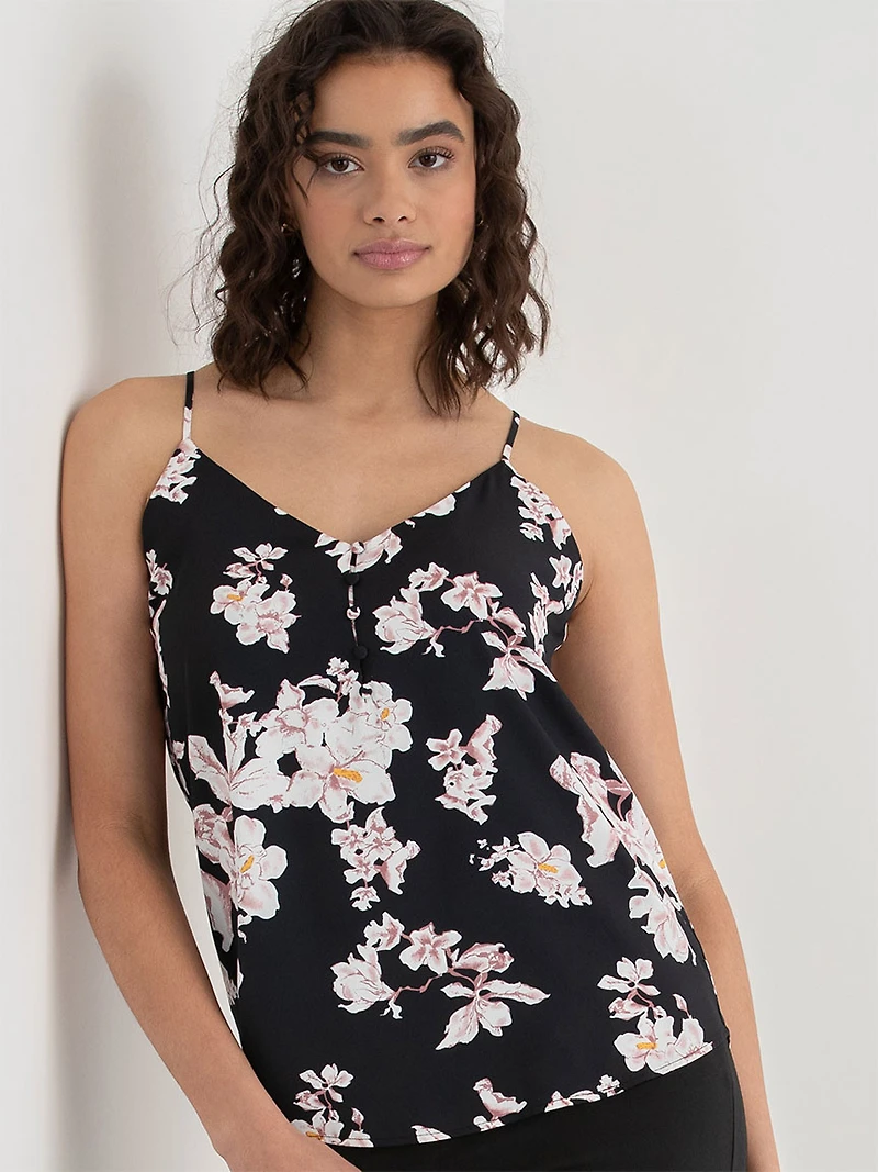 Sadie Strappy V-Neck Tank with Buttons Pink Artisan Floral