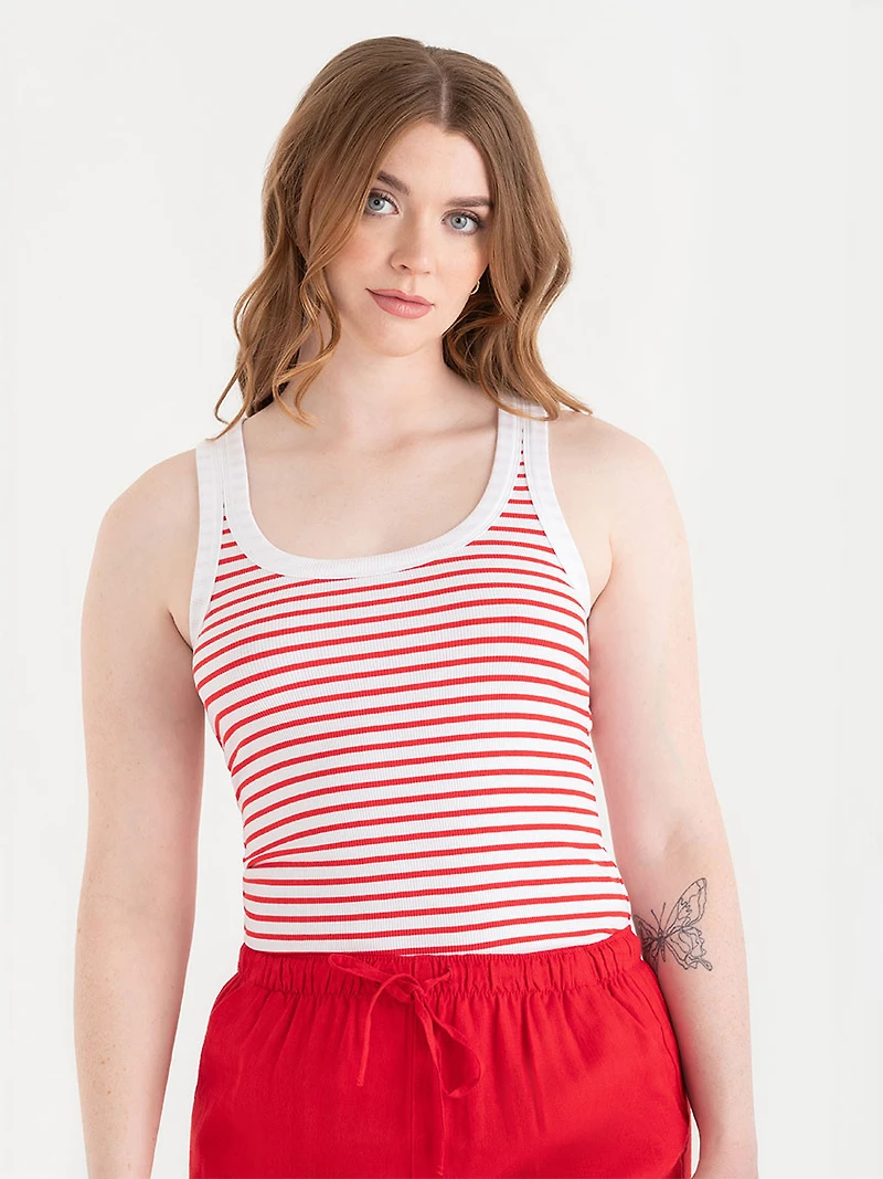 Ribbed Scoop Neck Tank Red/White Stripe