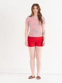 Short Sleeve Ribbed Crew Neck Top Red/White Stripe