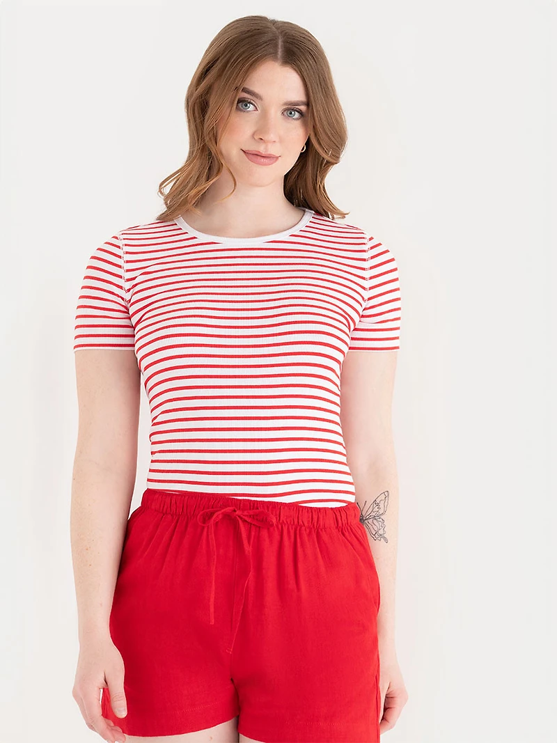 Short Sleeve Ribbed Crew Neck Top Red/White Stripe