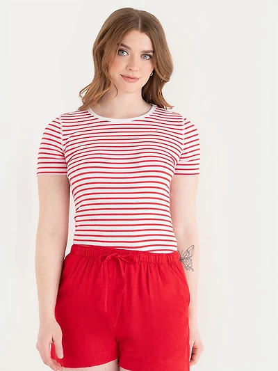 Short Sleeve Ribbed Crew Neck Top Red/White Stripe