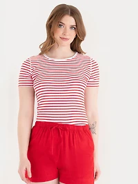 Short Sleeve Ribbed Crew Neck Top Red/White Stripe