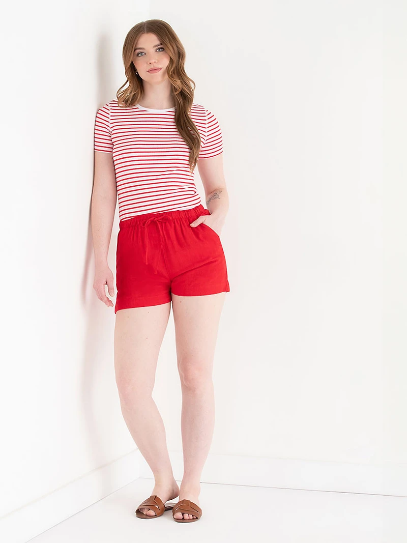 Short Sleeve Ribbed Crew Neck Top Red/White Stripe