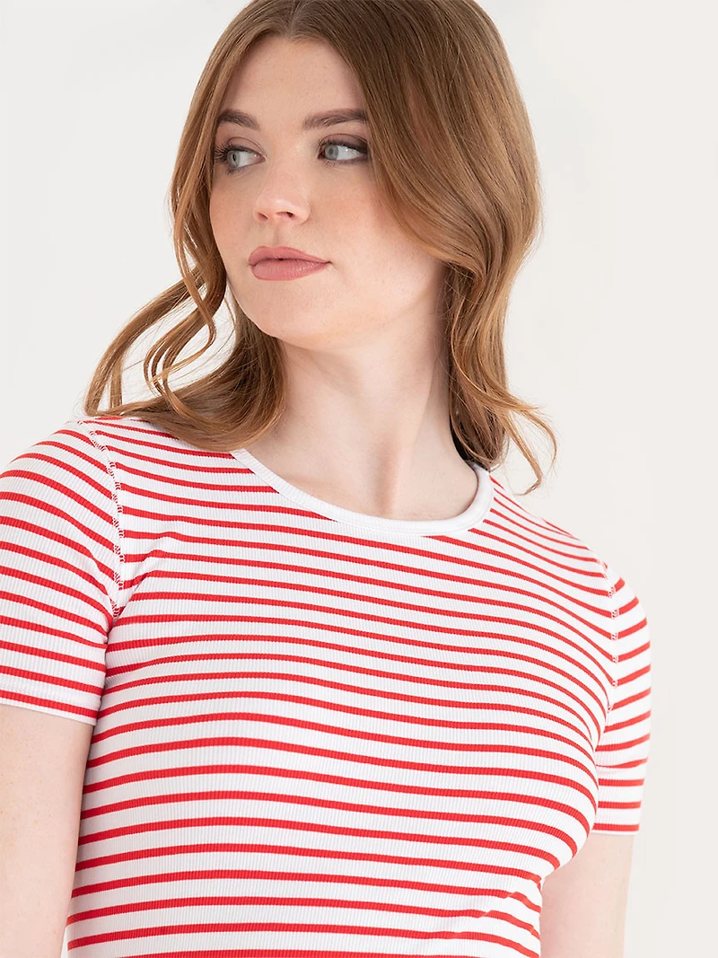 Short Sleeve Ribbed Crew Neck Top Red/White Stripe