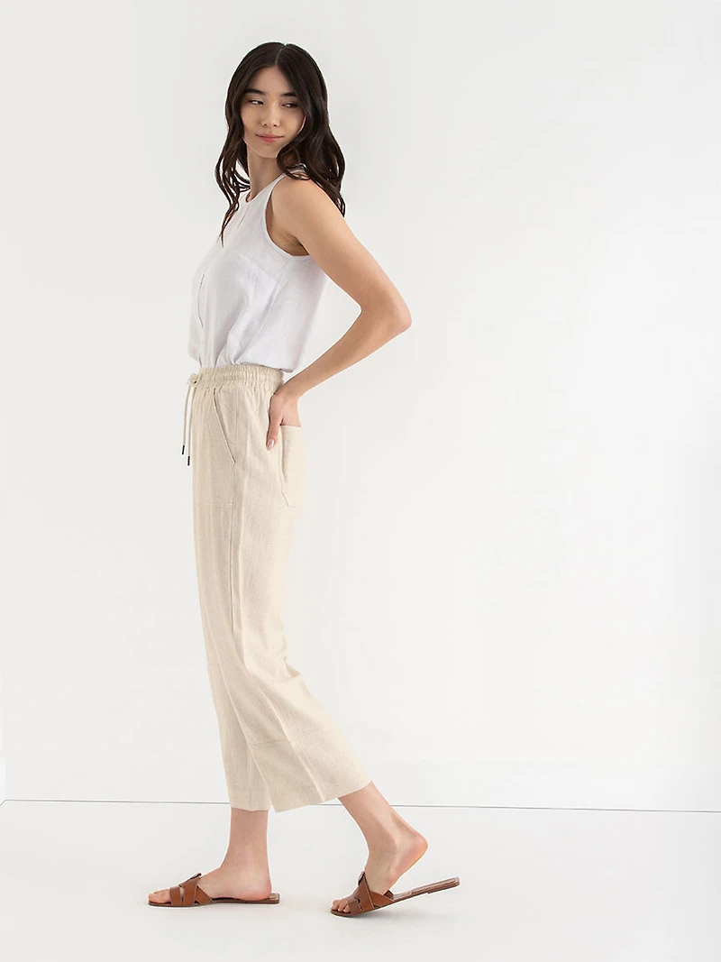 Linen Blend Pull-On Cropped Leg Pant Oatmeal