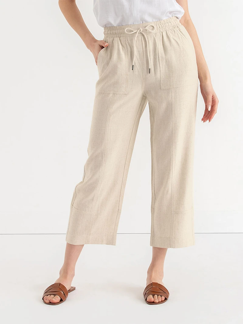 Linen Blend Pull-On Cropped Leg Pant Oatmeal