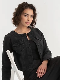 Collarless Denim Jacket Washed Black