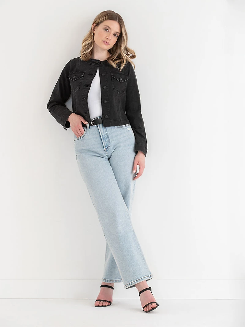 Collarless Denim Jacket Washed Black