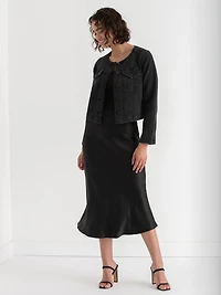 Collarless Denim Jacket Washed Black