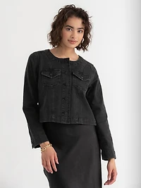 Collarless Denim Jacket Washed Black