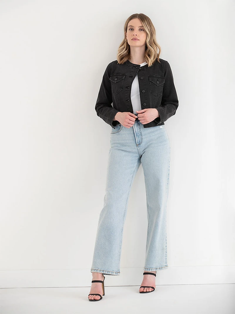 Collarless Denim Jacket Washed Black