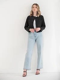 Collarless Denim Jacket Washed Black