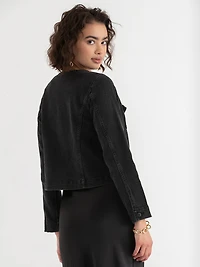 Collarless Denim Jacket Washed Black