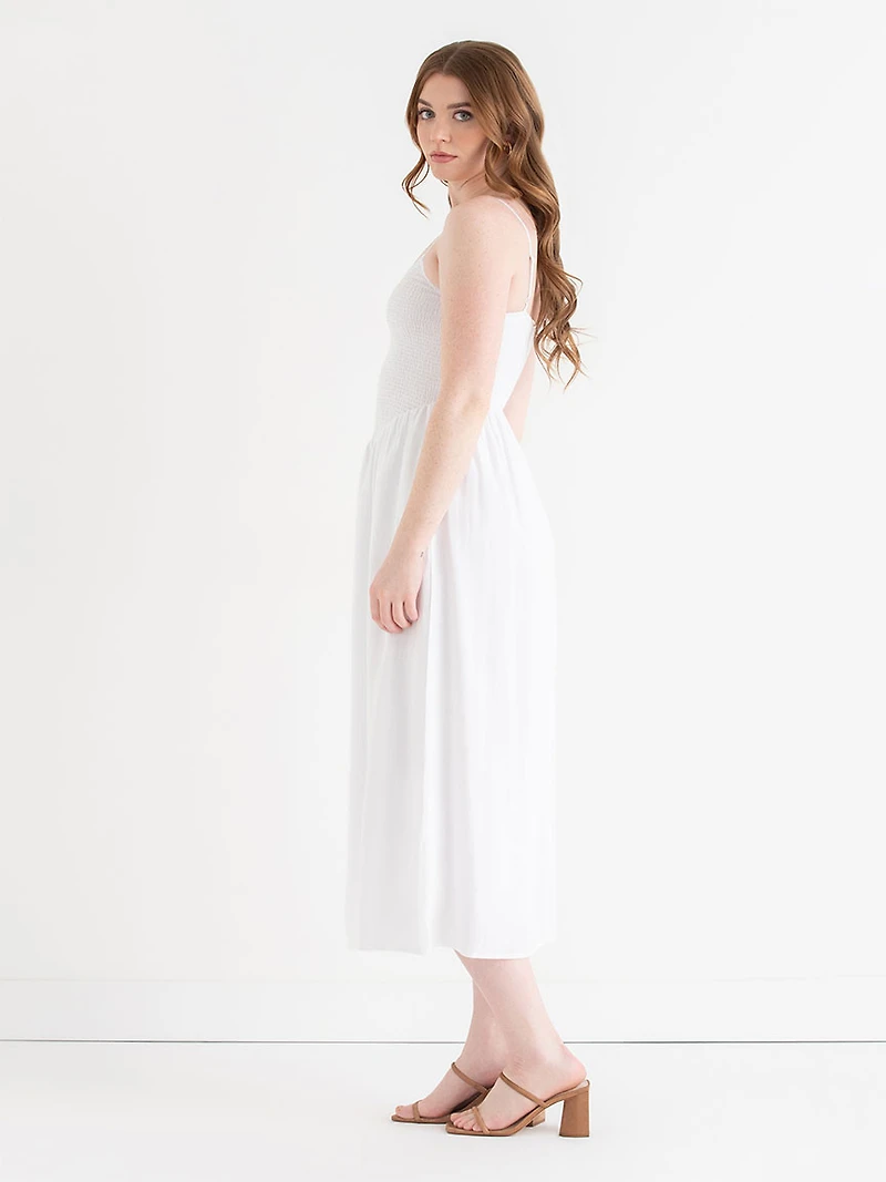 Linen Strappy Smocked Dress White