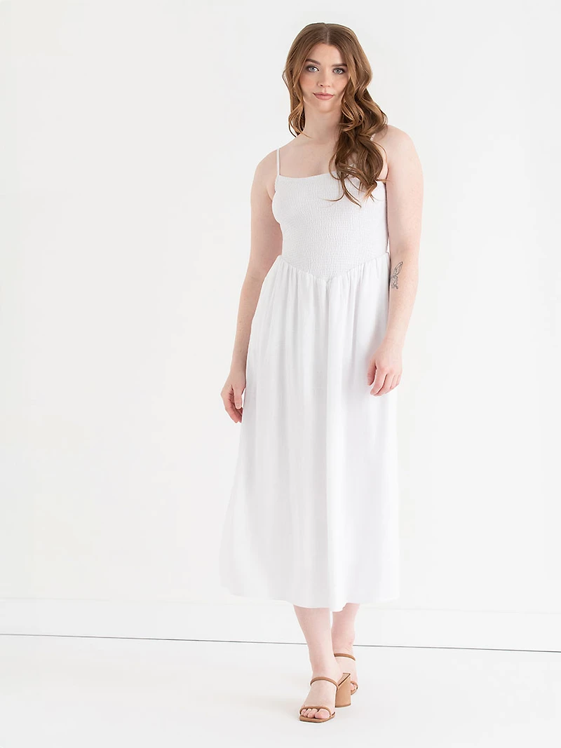 Linen Strappy Smocked Dress White