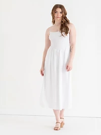 Linen Strappy Smocked Dress White
