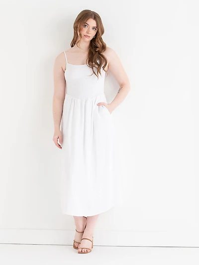Linen Strappy Smocked Dress White