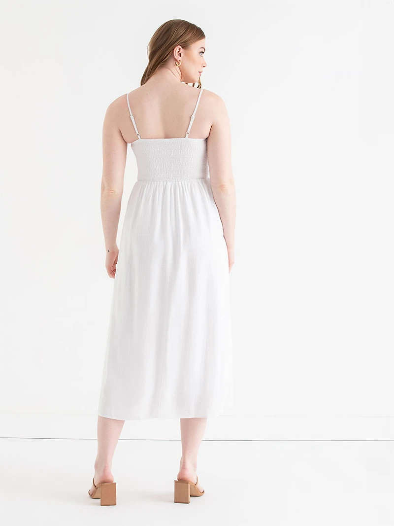 Linen Strappy Smocked Dress White