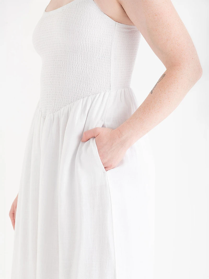Linen Strappy Smocked Dress White