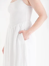 Linen Strappy Smocked Dress White