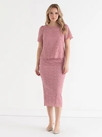 Lace Overlay Midi Skirt Lilas Pink