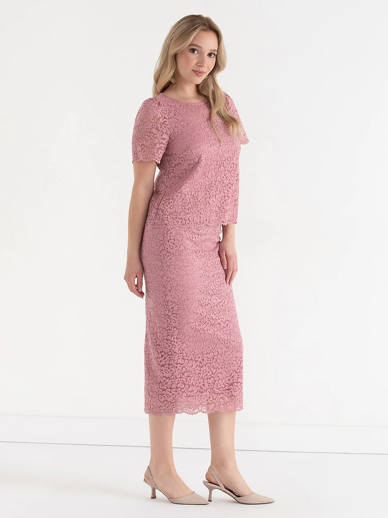Lace Overlay Midi Skirt Lilas Pink