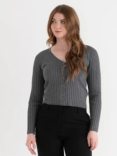 V-Neck Rib Cardigan Heather Grey Medium
