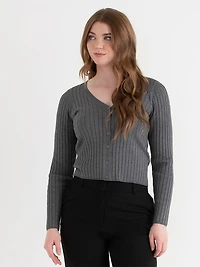 V-Neck Rib Cardigan Heather Grey Medium