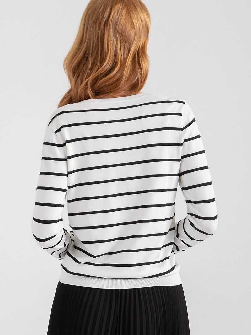Crew Neck Cardigan Blanc/Black Stripe