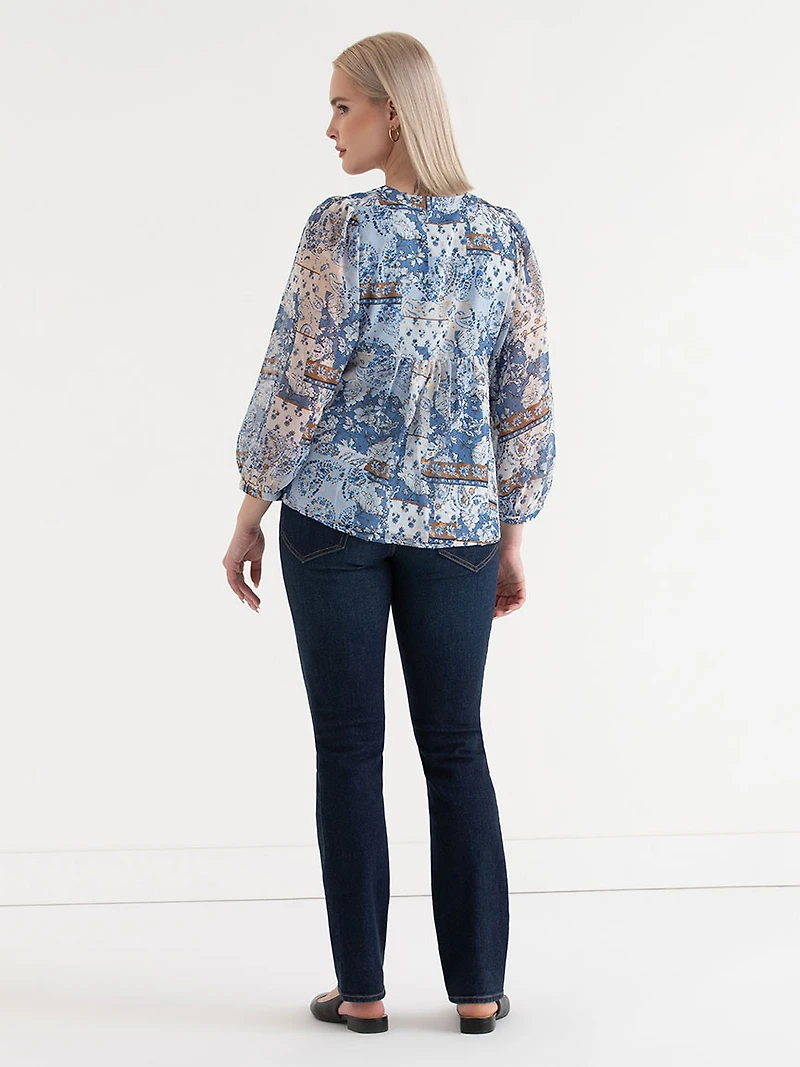 Peasant Blouse with Puff Sleeves Blue Paisley