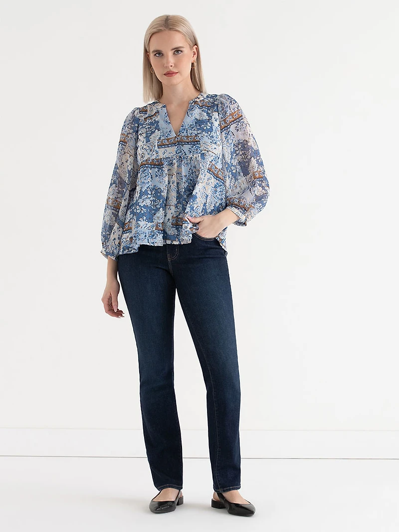 Peasant Blouse with Puff Sleeves Blue Paisley