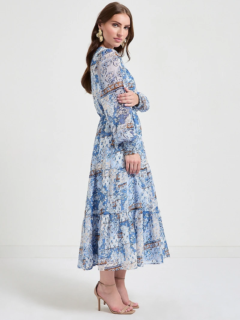 Long Sleeve Maxi Boho Dress Blue Paisley