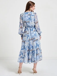Long Sleeve Maxi Boho Dress Blue Paisley