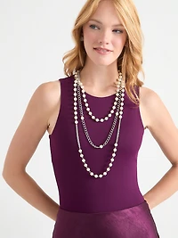 Layered Chain & Pearl Long Necklace