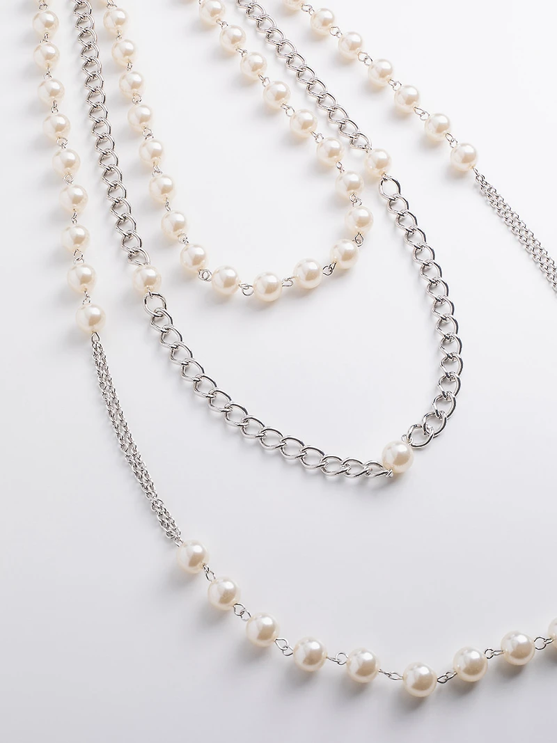 Layered Chain & Pearl Long Necklace