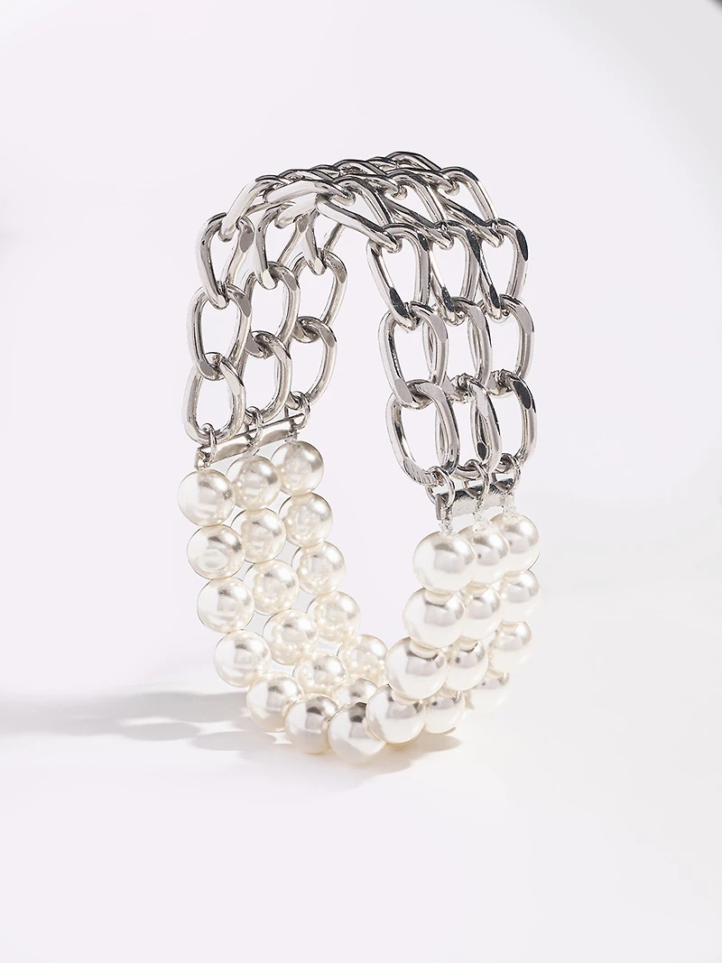 Pearl & Silver Chain Stretch Bracelet