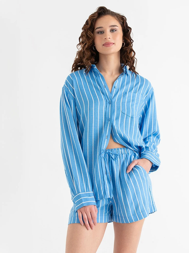 Linen Blend Drawstring Shorts Azure Blue Stripe