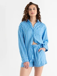 Linen Blend Drawstring Shorts Azure Blue Stripe