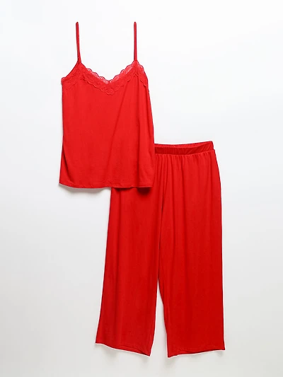 Lace Trim Cami with Crop Pant Sleepset Goji Berry
