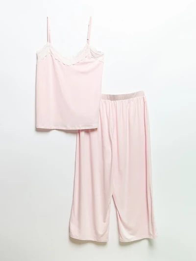 Lace Trim Cami with Crop Pant Sleepset Barely Pink